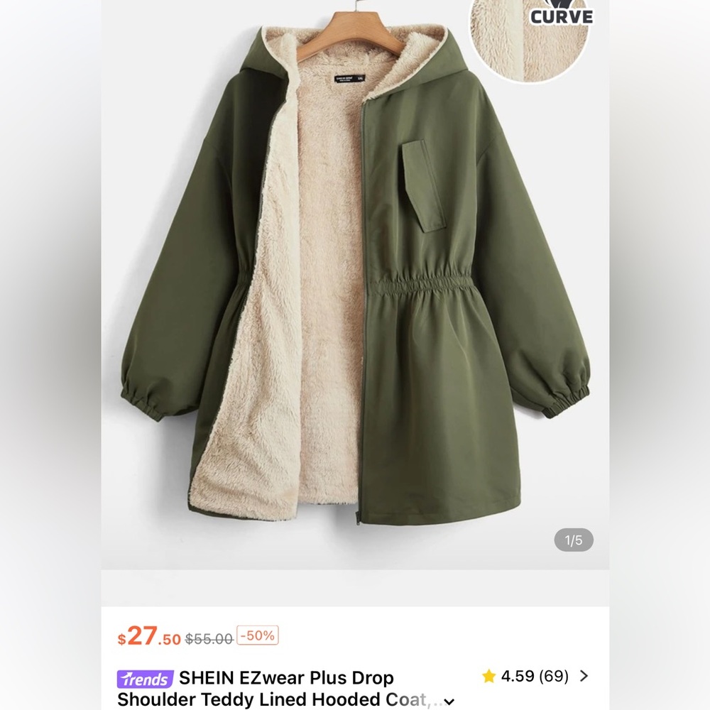 SHEIN Olive Green Parka with Faux Fur